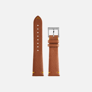 Brown genuine leather strap with yellow stitching